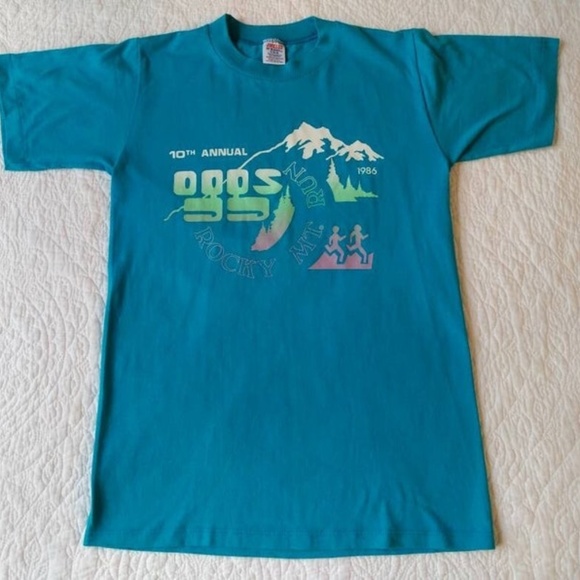 Vintage T-Shirt 10th Annual Oggs Rocky Mountain Run 1986 Teal Blue Jerzees Small - Picture 1 of 9